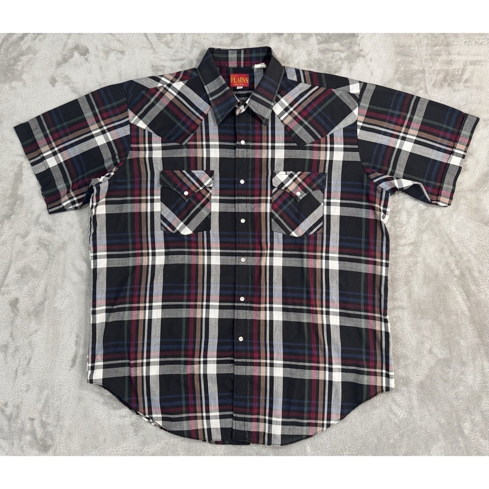 Ely Plains Shirt Mens XL Black Red Plaid Western Pearl Snap Shirttail Hem Cowboy